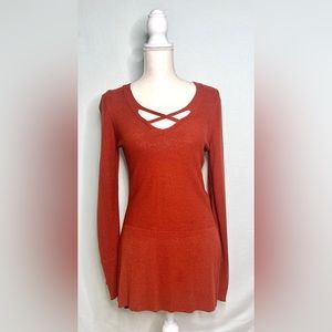 Free People Criss Cross V Neck Long Sleeve Tunic Sweater Rust colored